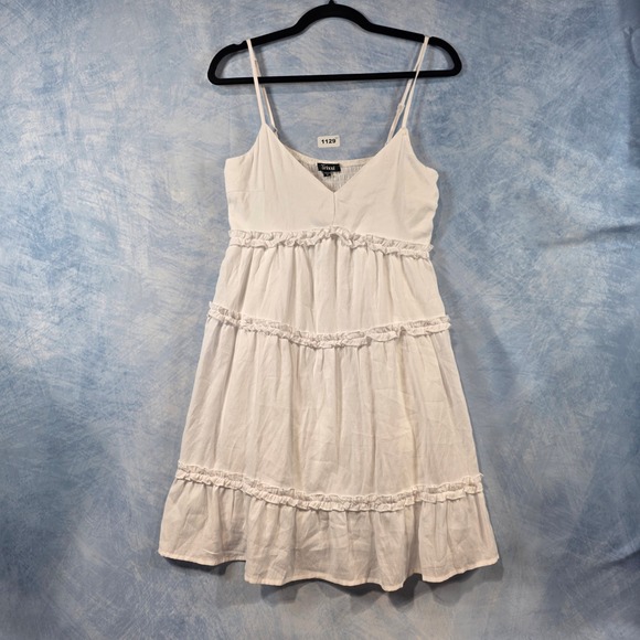 Trixxi Dresses & Skirts - Trixxi Womens White Tiered Ruffle Mini Dress Smocked Back Spaghetti Strap Size M